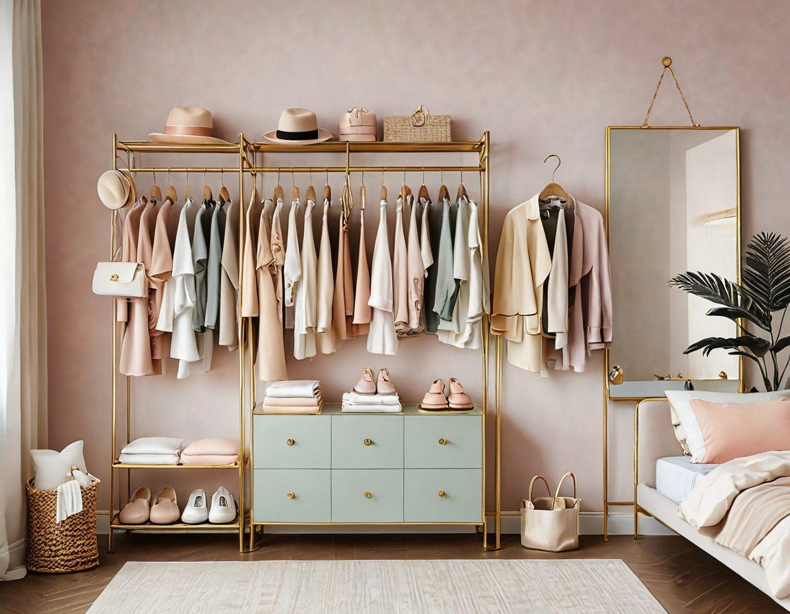 A chic, minimalist wardrobe filled with stylish petite clothing pieces hung neatly on gold racks. Include a soft pastel color palette with a cozy, stylish bedroom corner featuring a full-length mirror and an open clothing guide book placed on a table. Add accessories like hats, shoes, and bags scaled down to petite sizes. vector art. vibrant colors.